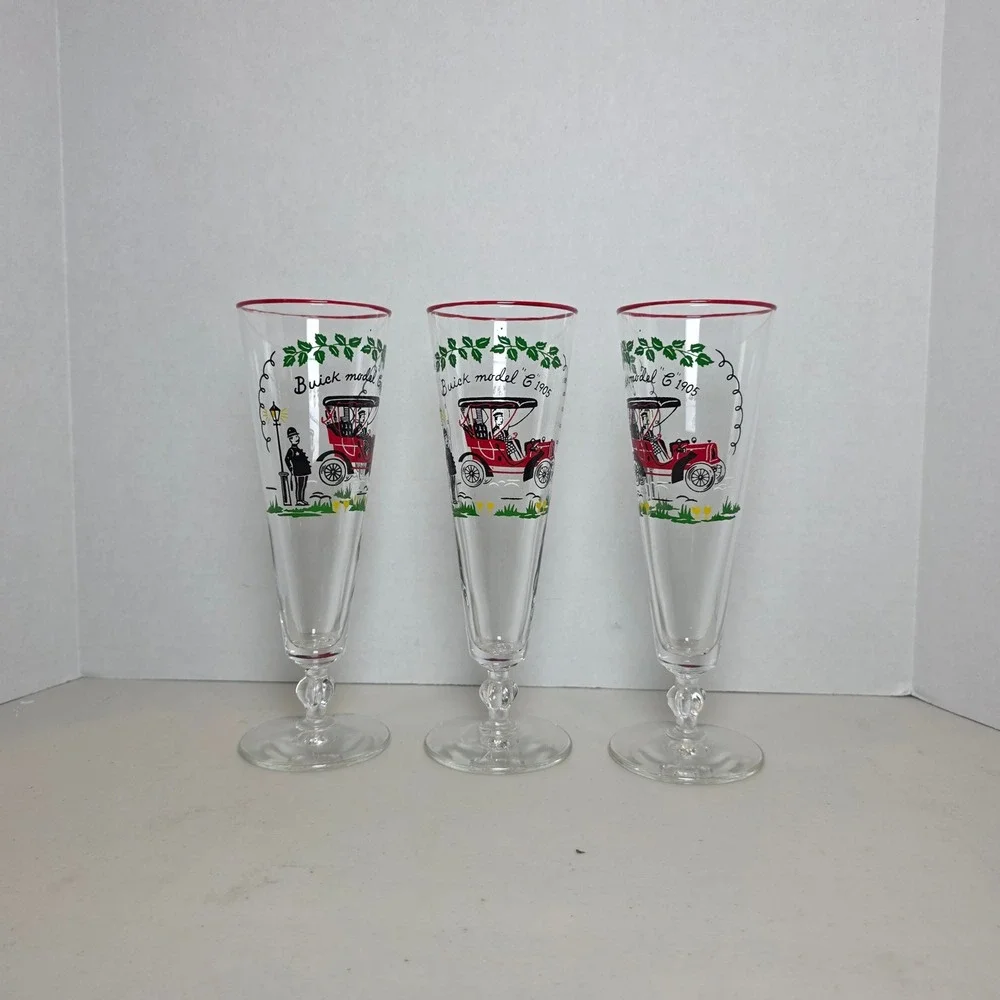 VTG Buick Model C 1905 Pilsner Glasses Red Rim Stemmed Set of 3‎ Barware Retro